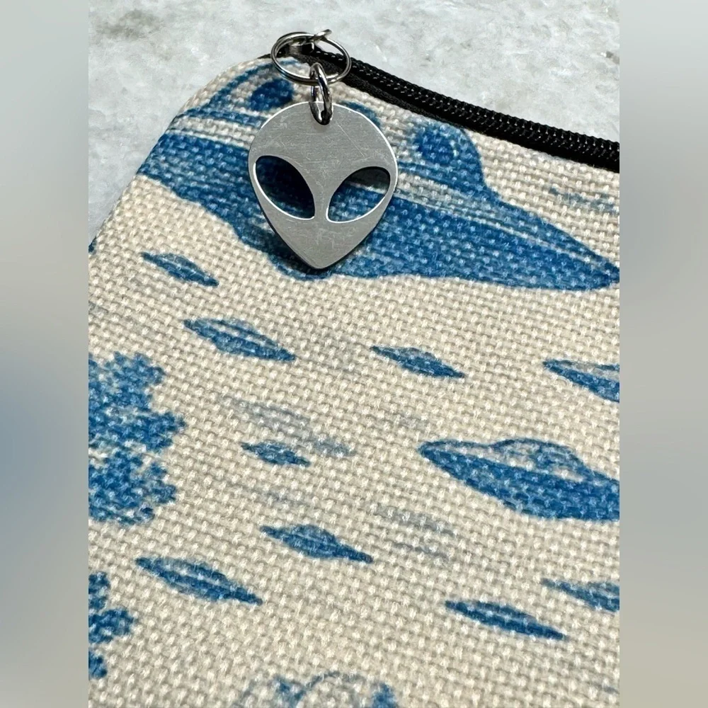 New UFO / UAP Sci-Fi Blue & Cream Makeup Tech Pencil Bag w/ Alien Charm 9.5”
